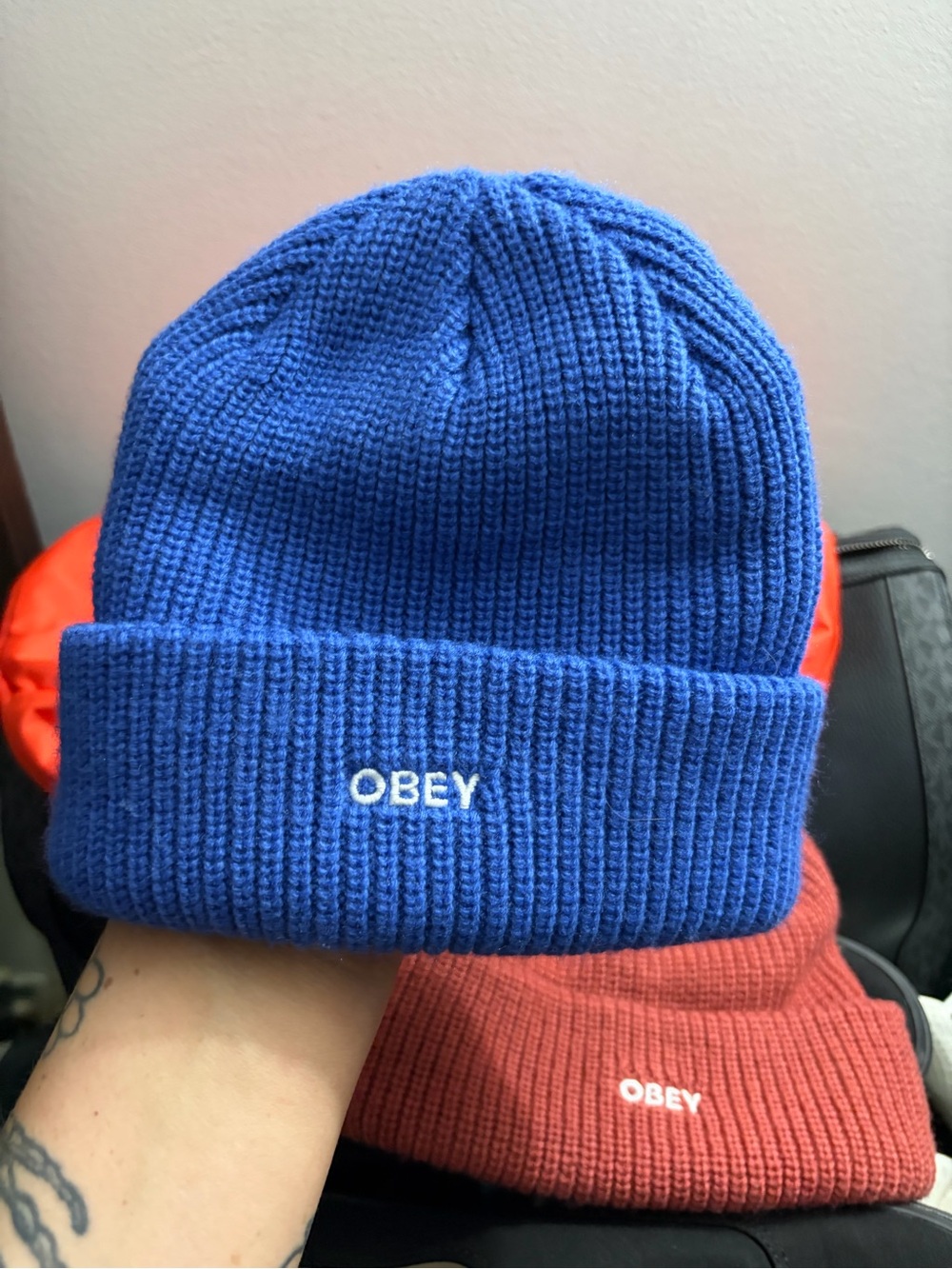 Obey Blue Ribbed Cuffed Beanie with Embroidered Logo